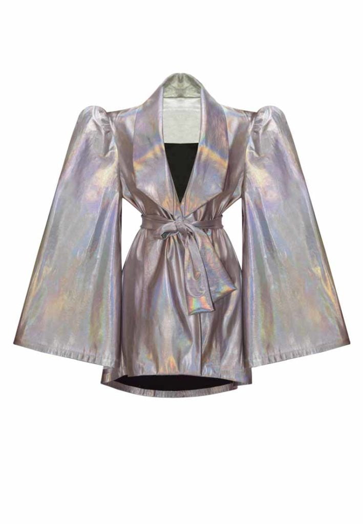 Silver holographic latex kimono jacket dress
